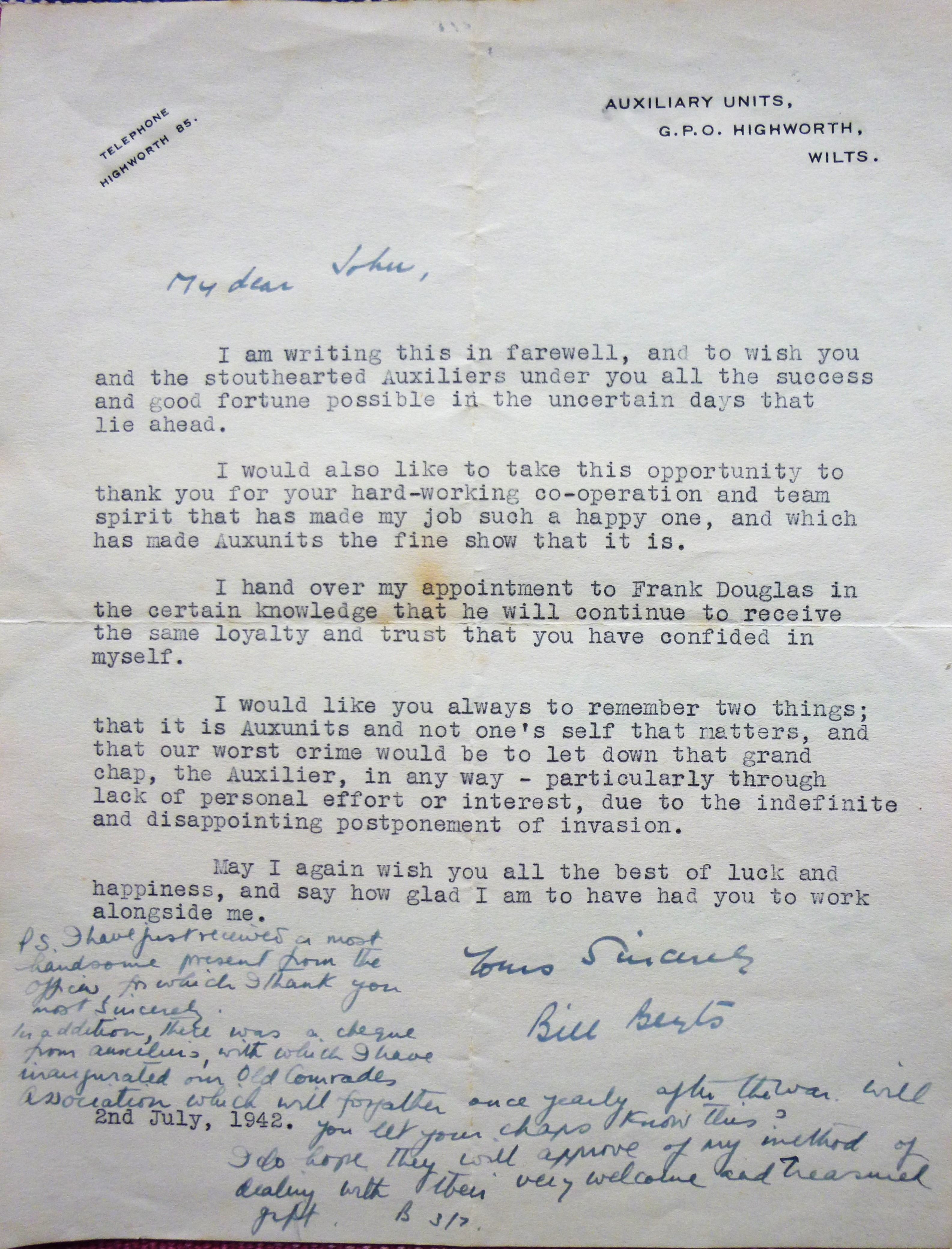John  Dingley leaving letter