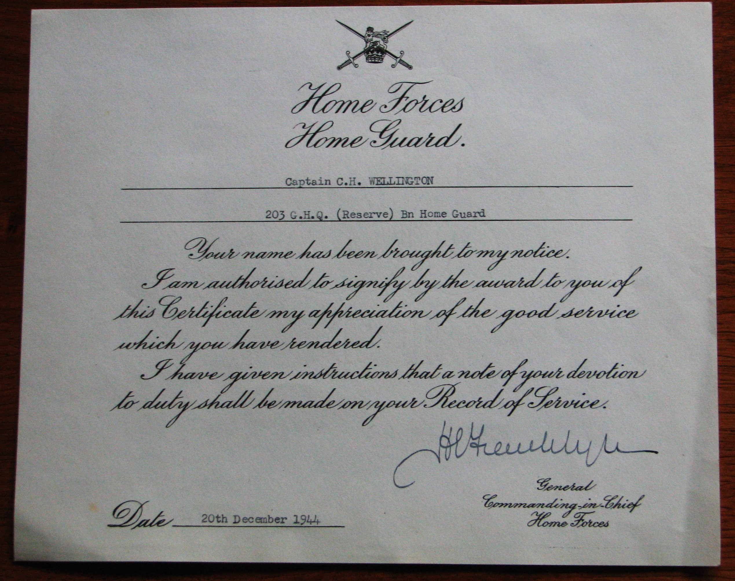 Cyril Wellington certificate of service